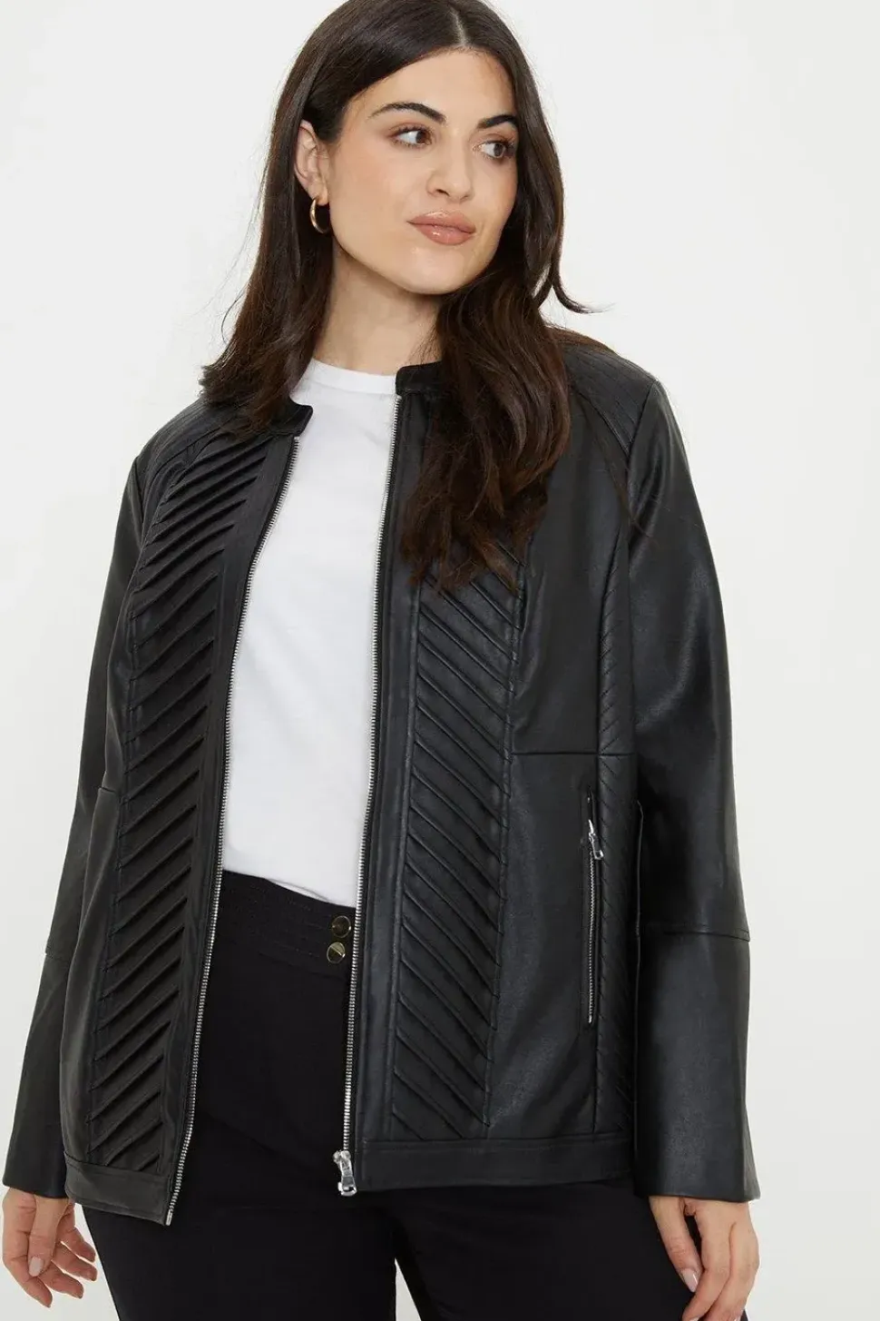 Curve Black Faux Leather Pleat Detail Jacket