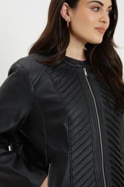 Curve Black Faux Leather Pleat Detail Jacket