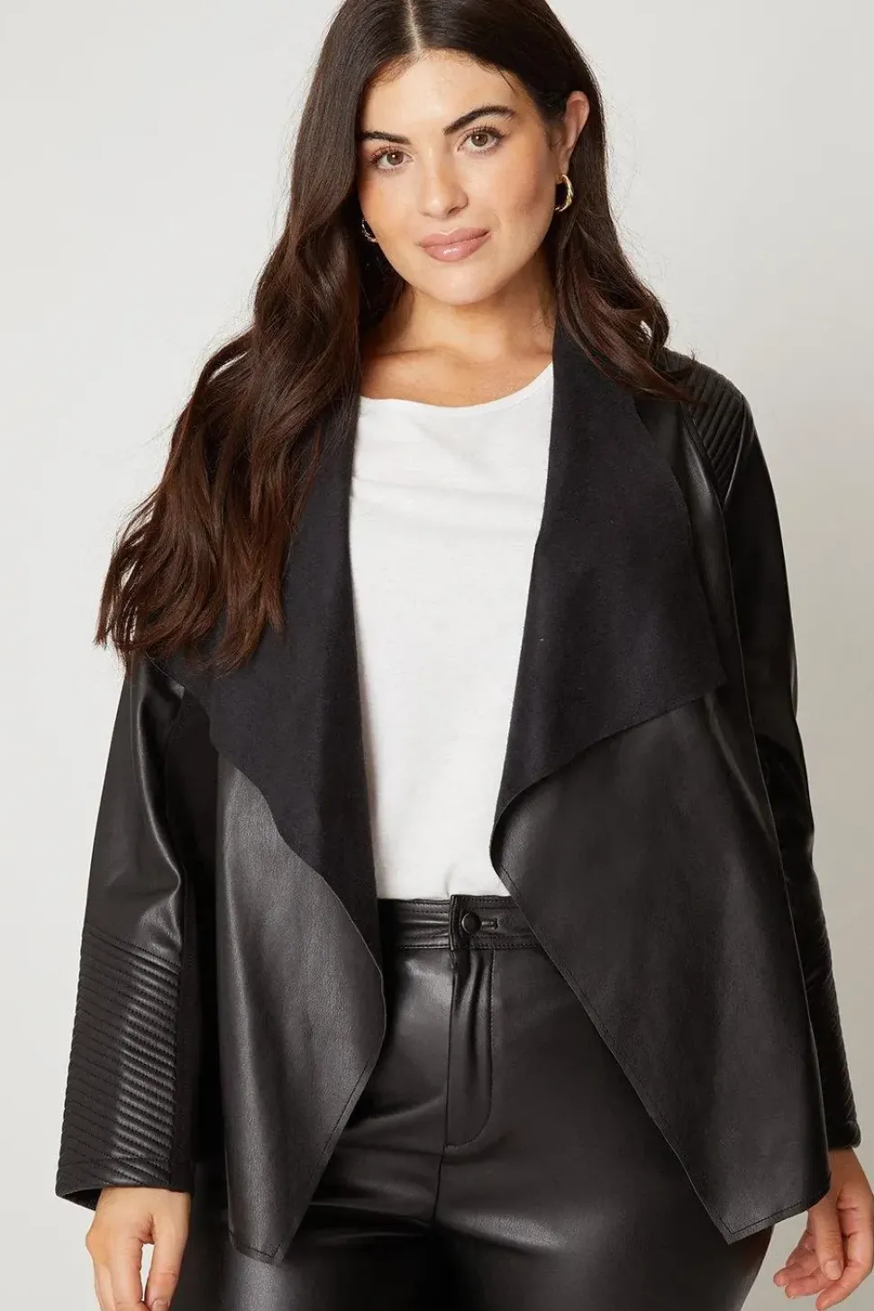 Curve Black Faux Leather Waterfall Jacket