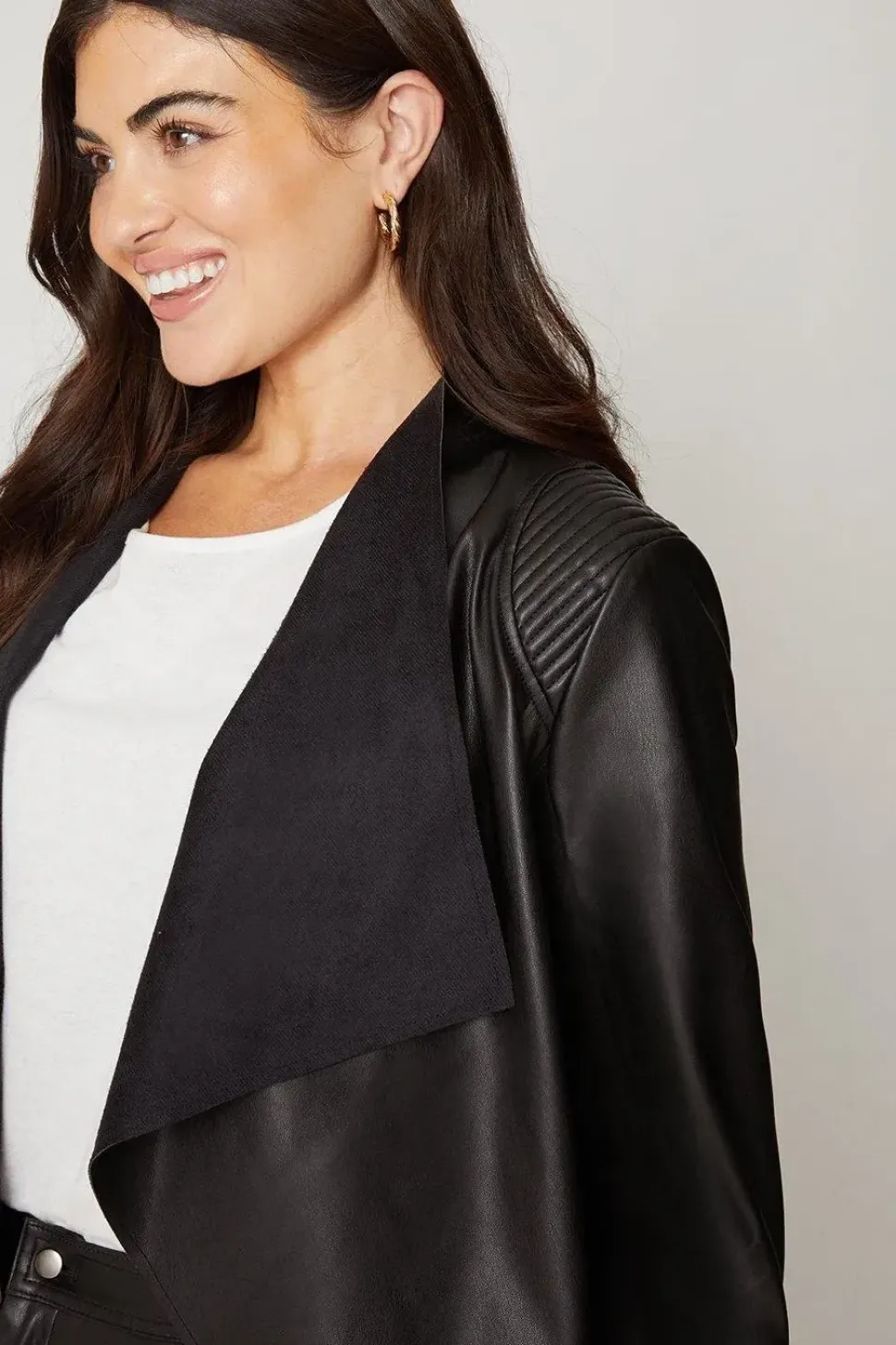 Curve Black Faux Leather Waterfall Jacket
