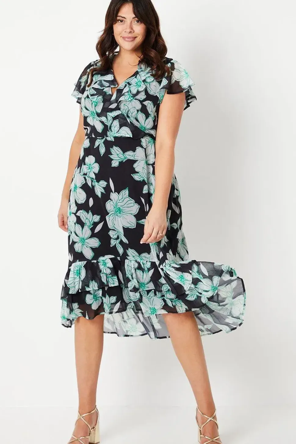 Curve Black Floral Wrap Midi Dress