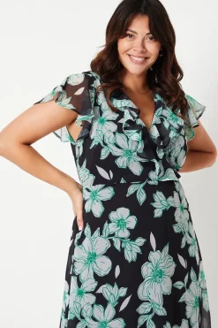 Curve Black Floral Wrap Midi Dress
