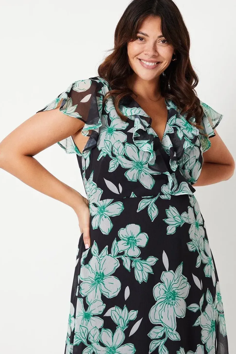Curve Black Floral Wrap Midi Dress