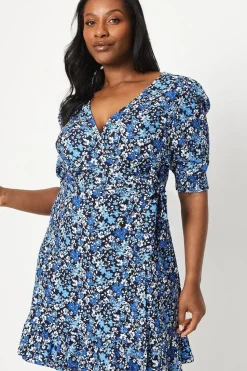 Curve Blue Ditsy Wrap Mini Dress