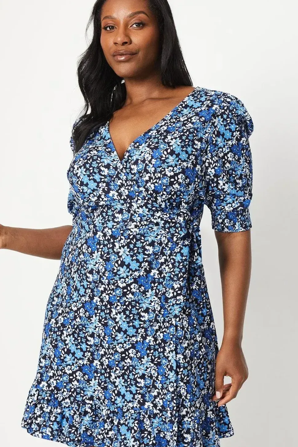 Curve Blue Ditsy Wrap Mini Dress