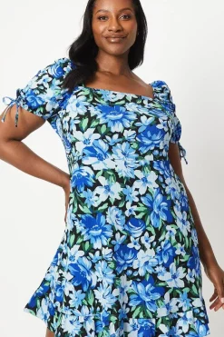 Curve Blue Floral Tie Sleeve Mini Dress