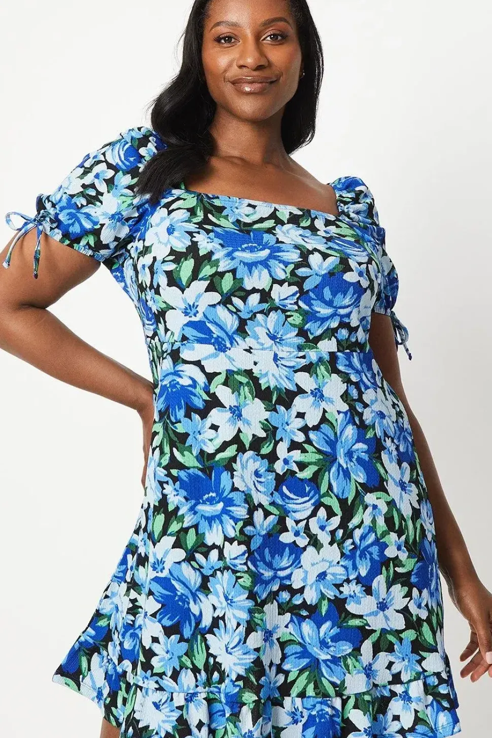 Curve Blue Floral Tie Sleeve Mini Dress