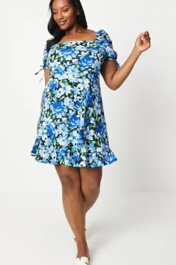 Curve Blue Floral Tie Sleeve Mini Dress