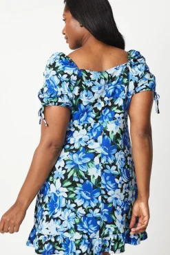 Curve Blue Floral Tie Sleeve Mini Dress