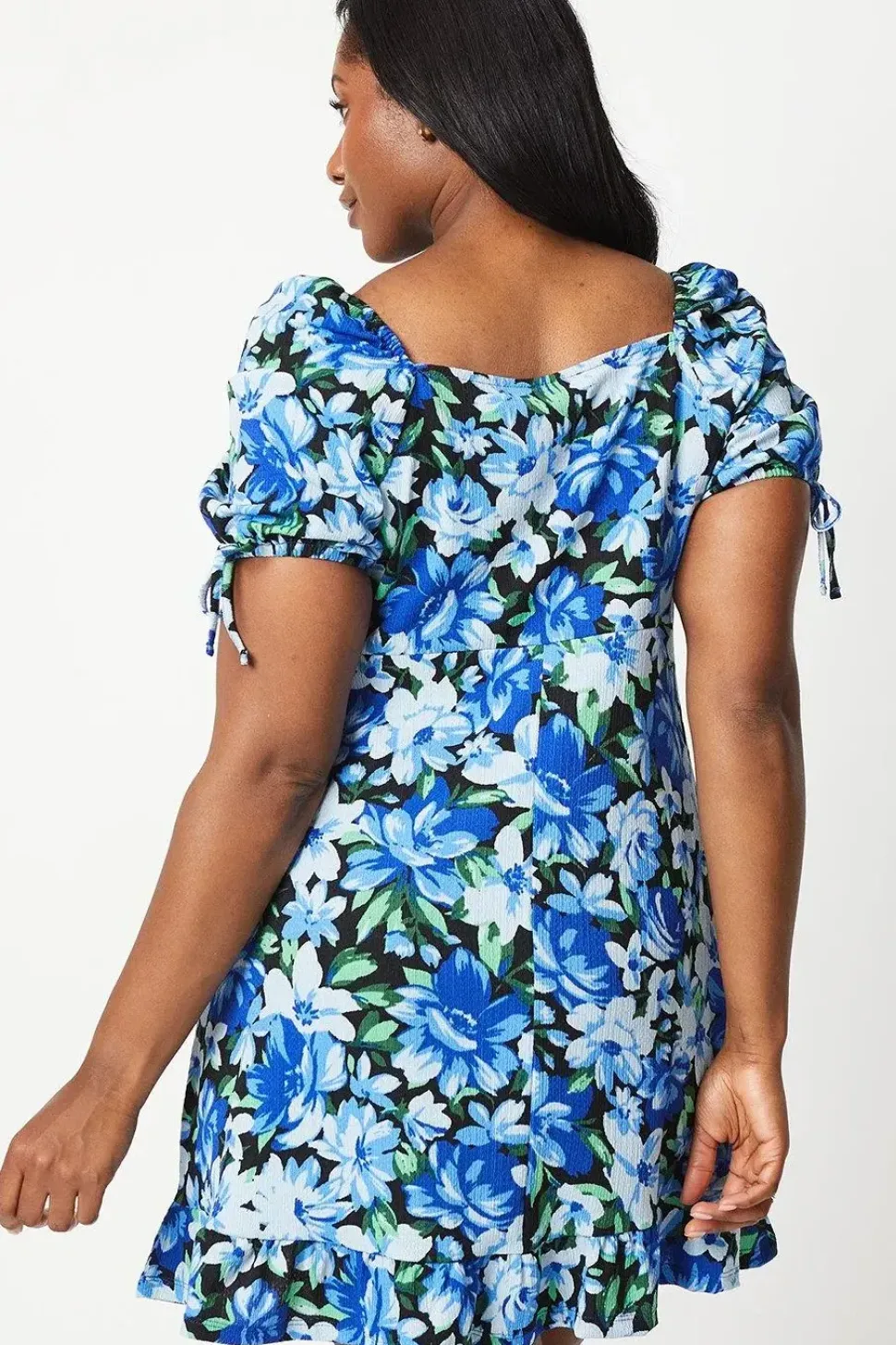 Curve Blue Floral Tie Sleeve Mini Dress