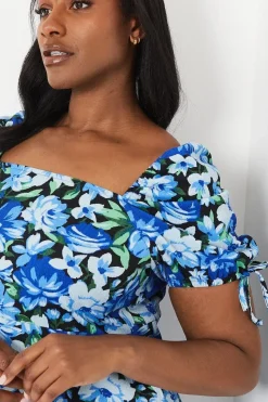 Curve Blue Floral Tie Sleeve Mini Dress