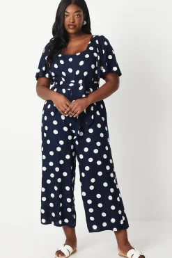 Curve Blue Spot Tie Waist Jumpsuit