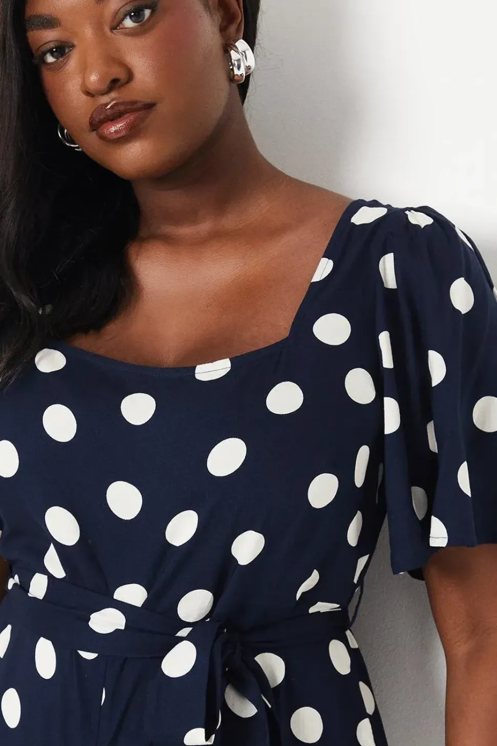 Curve Blue Spot Tie Waist Jumpsuit