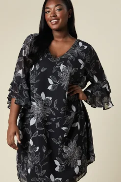 Curve Floral Beaded Ruffle Sleeve Shift Dress
