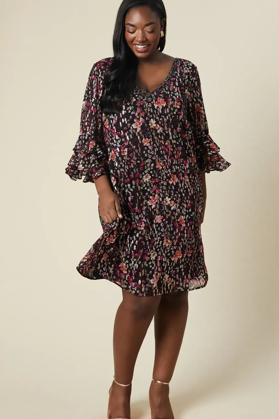 Curve Floral Glitter Ruffle Sleeve Shift Dress