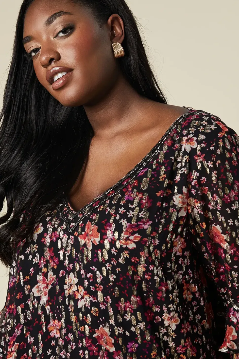 Curve Floral Glitter Ruffle Sleeve Shift Dress