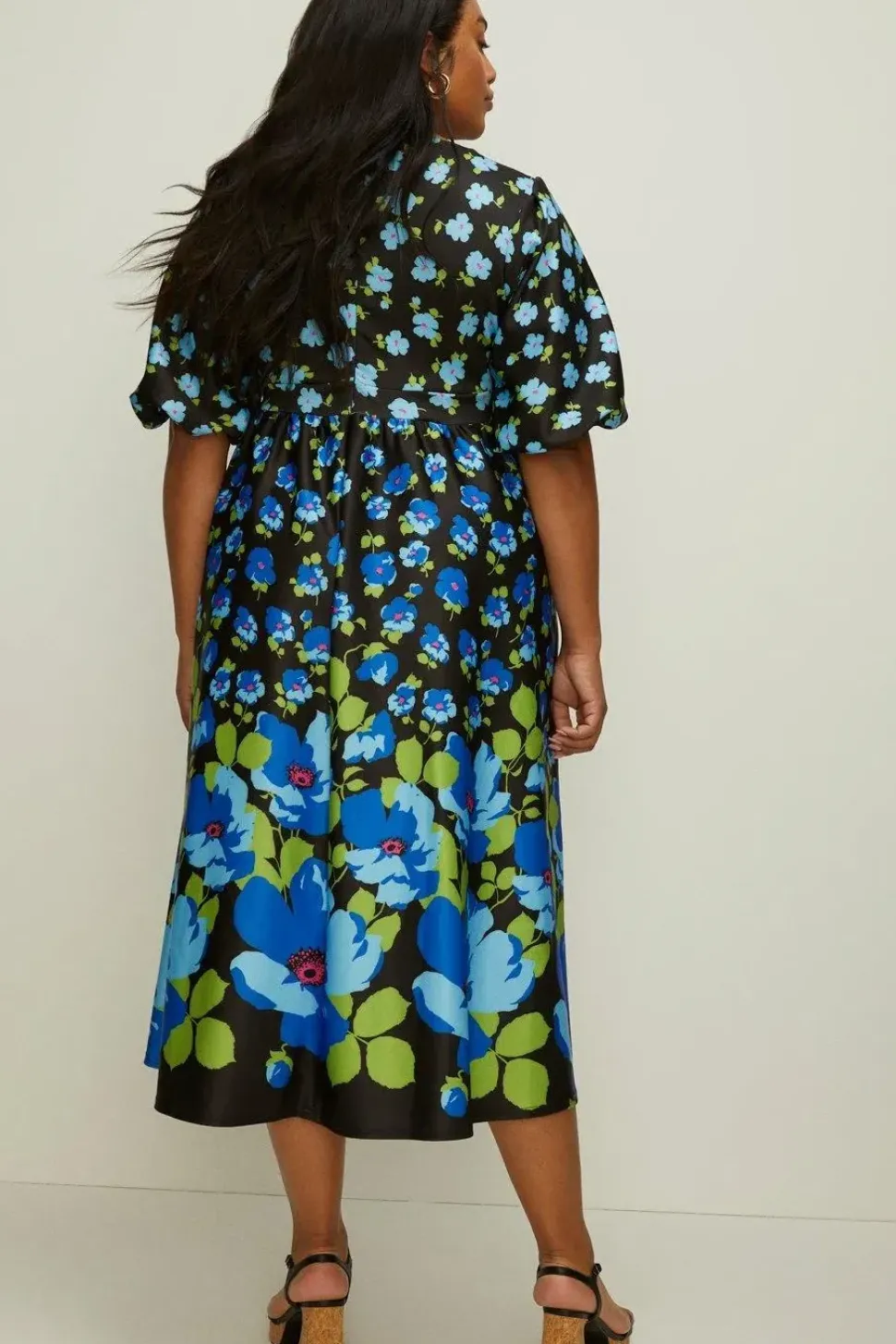 Curve Floral Puff Sleeve Scuba Midi Dress