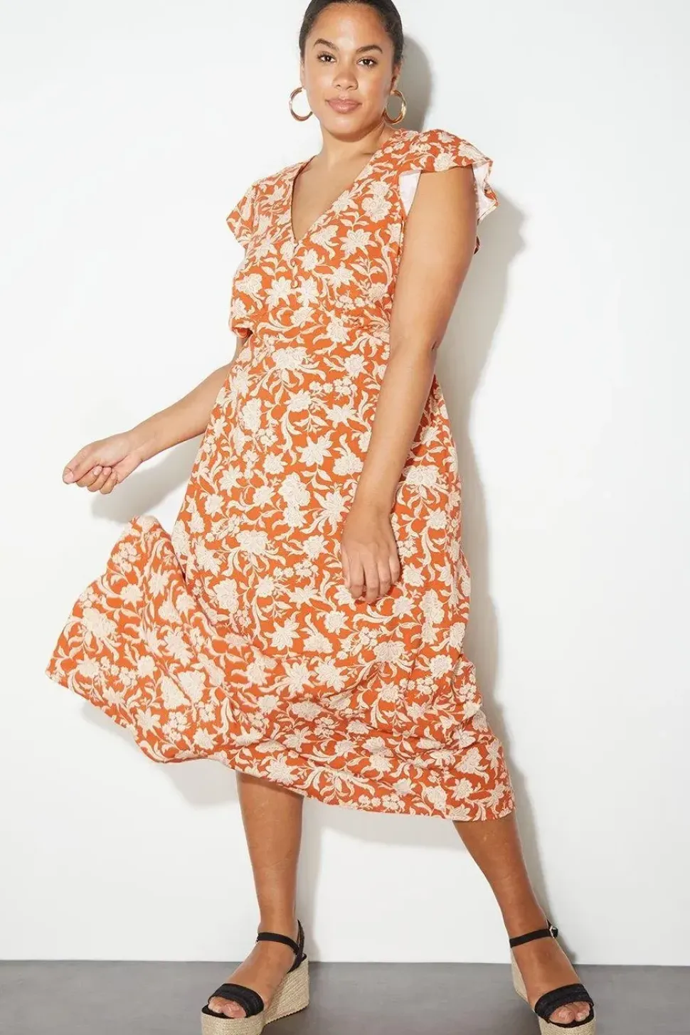 Curve Floral Ruffle Sleeve Button Midi Dress