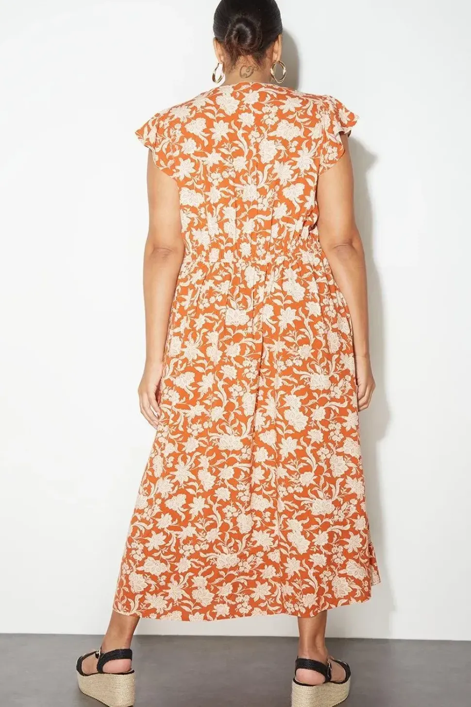 Curve Floral Ruffle Sleeve Button Midi Dress