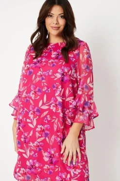 Curve Flute Sleeve Floral Shift Dress