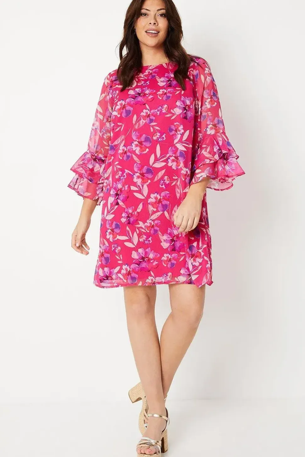 Curve Flute Sleeve Floral Shift Dress