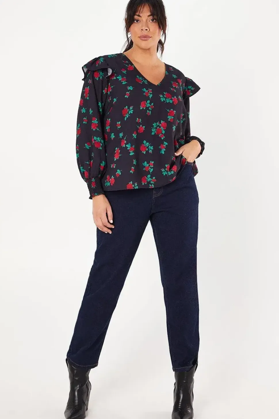 Curve Frill Shoulder V Neck Top Floral Print