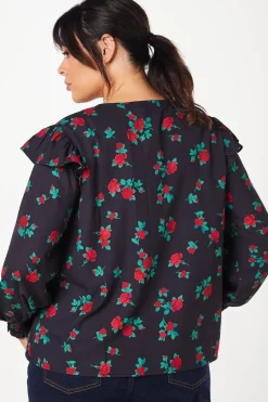 Curve Frill Shoulder V Neck Top Floral Print