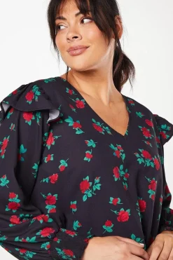 Curve Frill Shoulder V Neck Top Floral Print