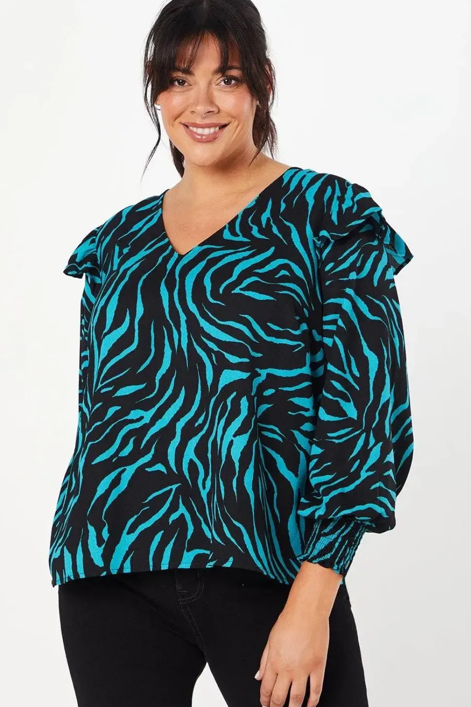 Curve Frill Shoulder V Neck Top Zebra Print