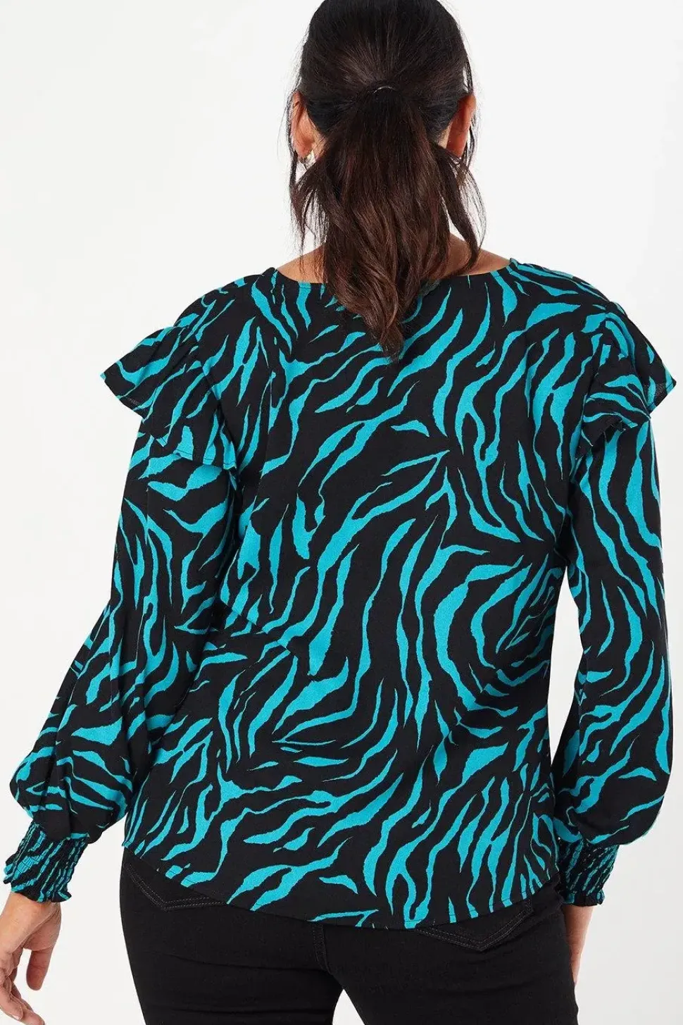Curve Frill Shoulder V Neck Top Zebra Print