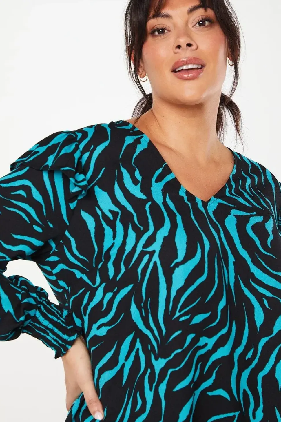 Curve Frill Shoulder V Neck Top Zebra Print