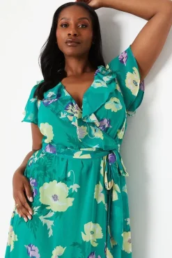 Curve Green Floral Wrap Midi Dress
