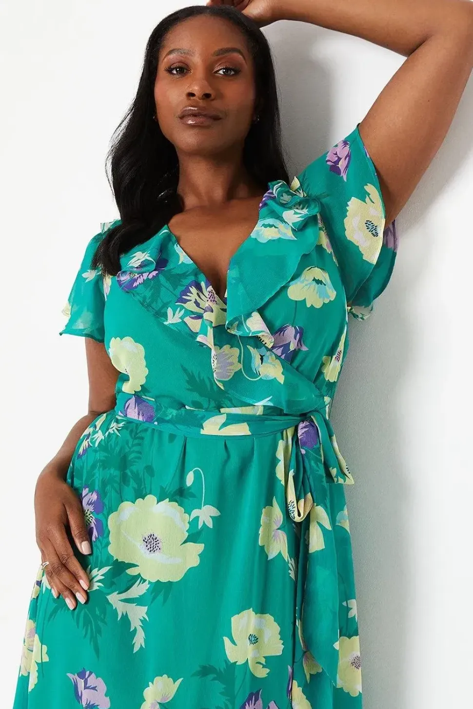 Curve Green Floral Wrap Midi Dress