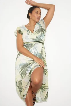Curve Green Tropical Ruffle Hem Midi Dress