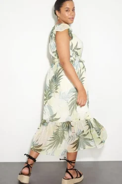 Curve Green Tropical Ruffle Hem Midi Dress