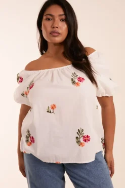 Curve Milkmaid Flower Embroidered Top