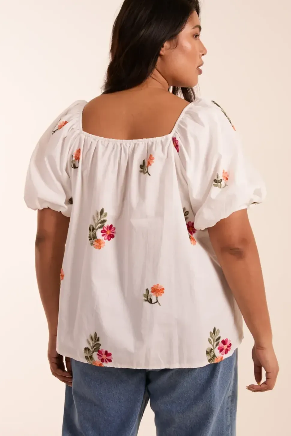 Curve Milkmaid Flower Embroidered Top