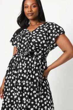Curve Mono Ditsy Ruffle Midi Dress