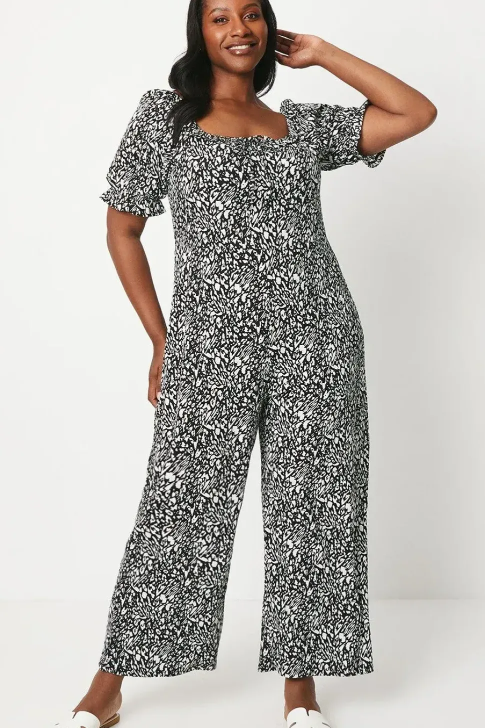 Curve Mono Print Ruffle Neck Jumpsuit