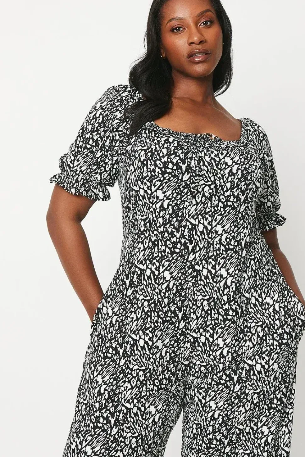 Curve Mono Print Ruffle Neck Jumpsuit