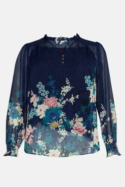 Curve Navy Floral Border Print Blouse