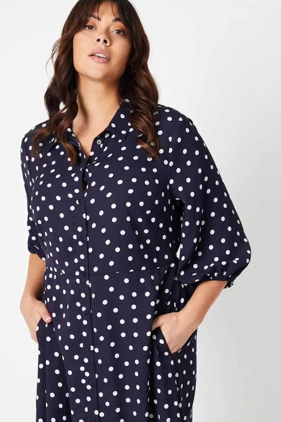 Curve Navy Spot Midi Shirt Dress
