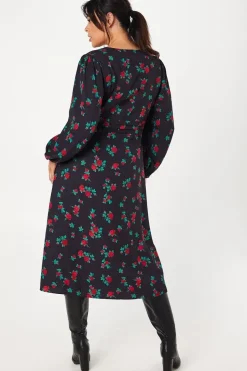 Curve Pleat Waist Midi Dress Floral Print