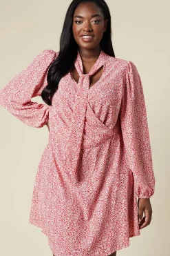 Curve Red Floral Keyhole Long Sleeve Mini Dress