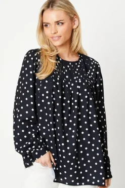 Curve Spot Pleat Yoke Long Sleeve Blouse