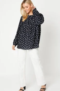 Curve Spot Pleat Yoke Long Sleeve Blouse