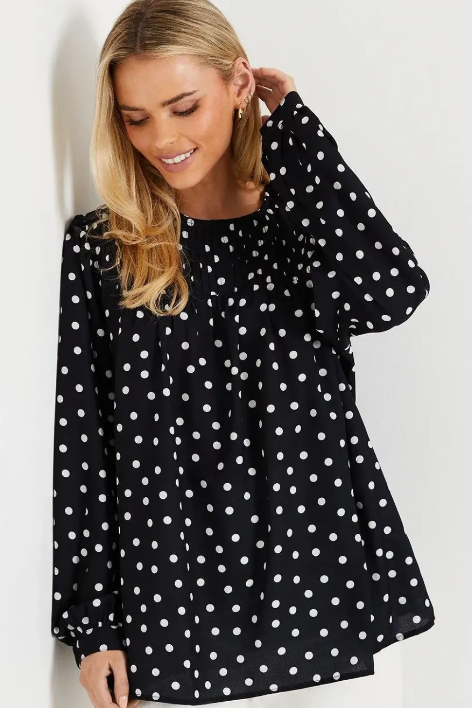Curve Spot Pleat Yoke Long Sleeve Blouse