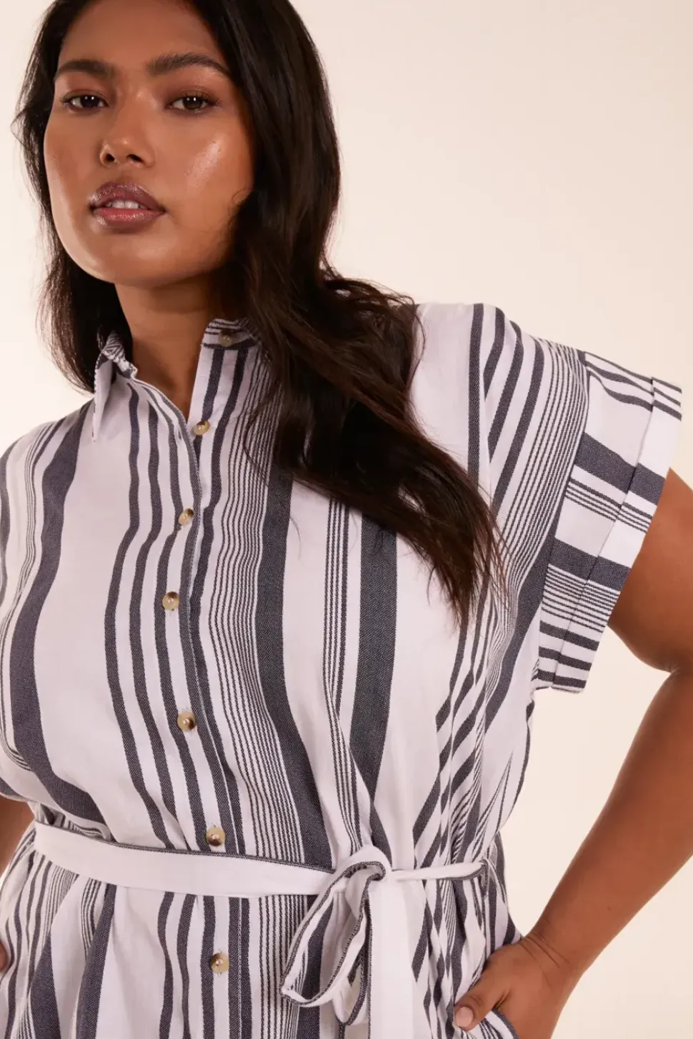 Curve Stripe Button Front Shirt Dress