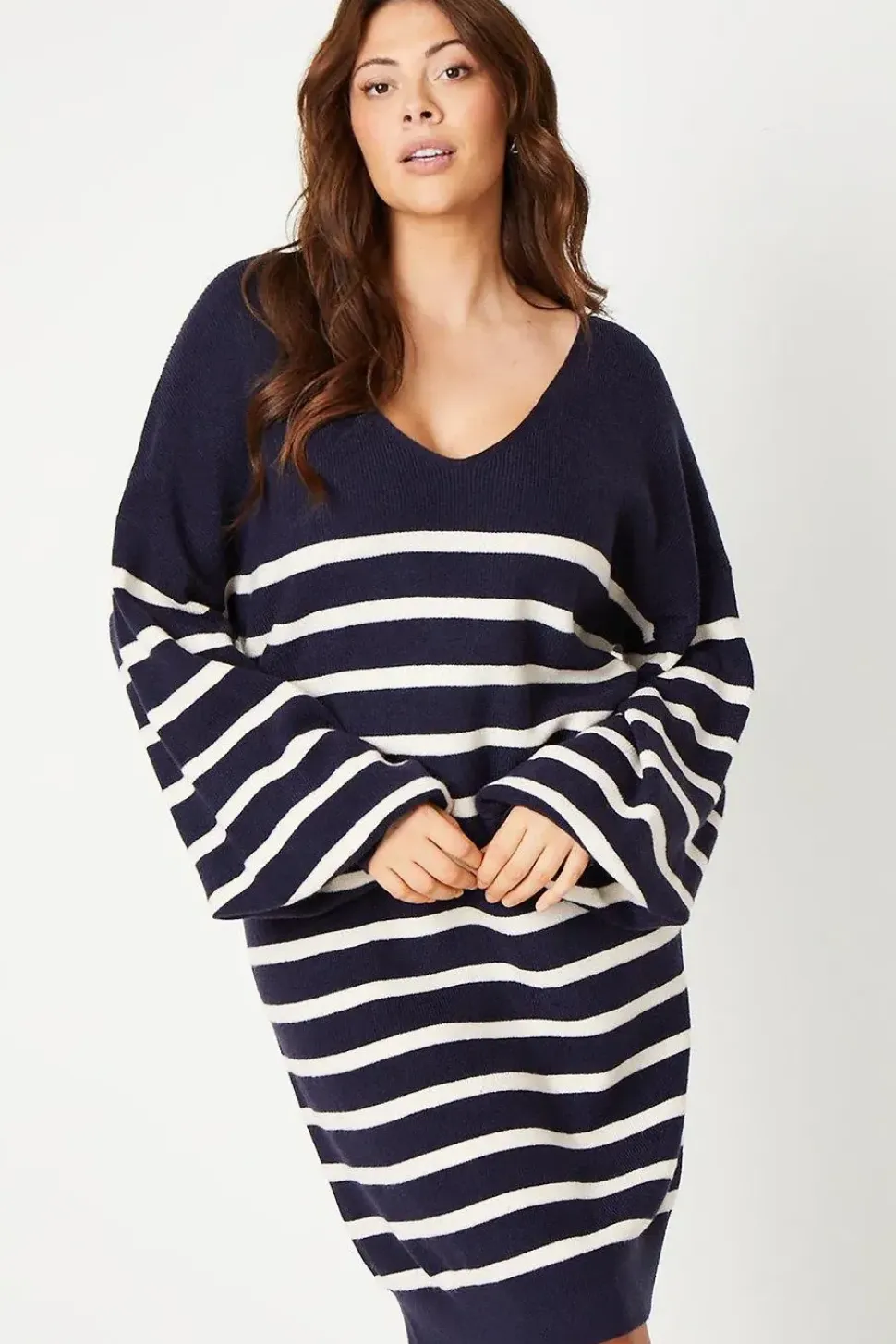 Curve Stripe Stitch Detail Longline V Neck Jumper Dress