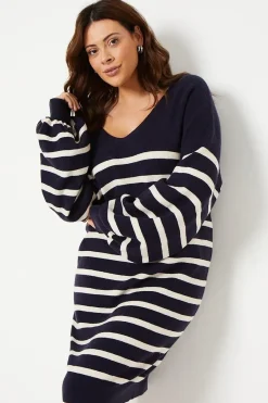Curve Stripe Stitch Detail Longline V Neck Jumper Dress